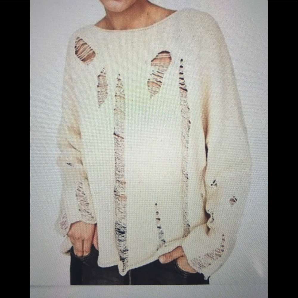 ZARA Ripped Sweater BoatNeck Light Ecru Ivory